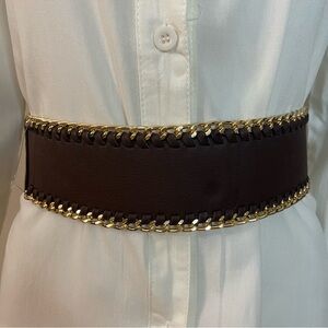 Dark brown faux leather elastic waistband gold tone braided chain belt